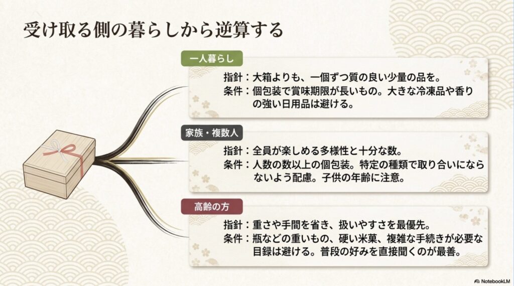 一人暮らし、家族や複数人、高齢の方に合わせて、三千円の贈り物の量や扱いやすさを選ぶ方法
