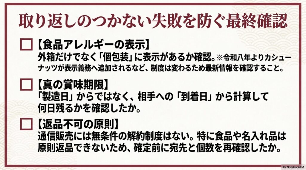食品アレルギー表示、到着時点の賞味期限、通信販売の返品条件を確認するチェックリスト