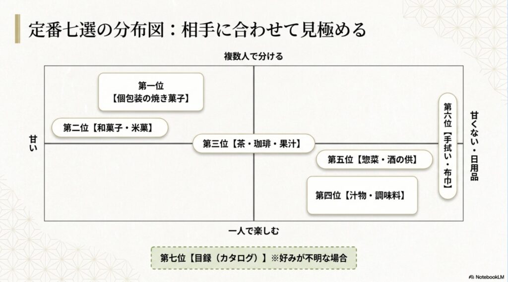 三千円の定番ギフト七種類を、甘いか甘くないか、複数人向けか一人向けかで分類した図