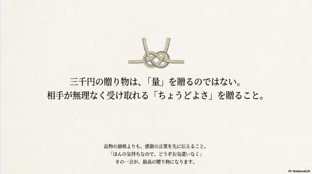 三千円の贈り物では量よりも、相手が無理なく受け取れるちょうどよさが大切だと伝えるまとめ