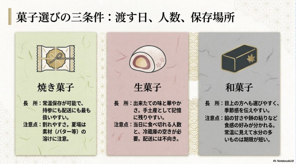 焼き菓子、生菓子、和菓子について、保存方法や日持ち、持ち運びやすさなどを比較した図