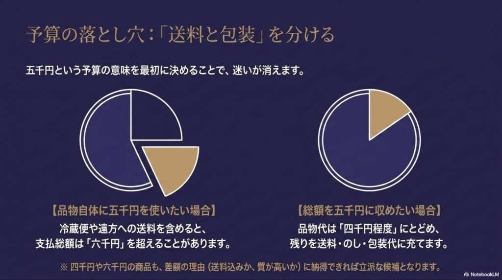 商品自体に五千円を使う場合と、商品代を四千円程度にして送料・のし・包装込みで総額五千円に収める場合を比較した図