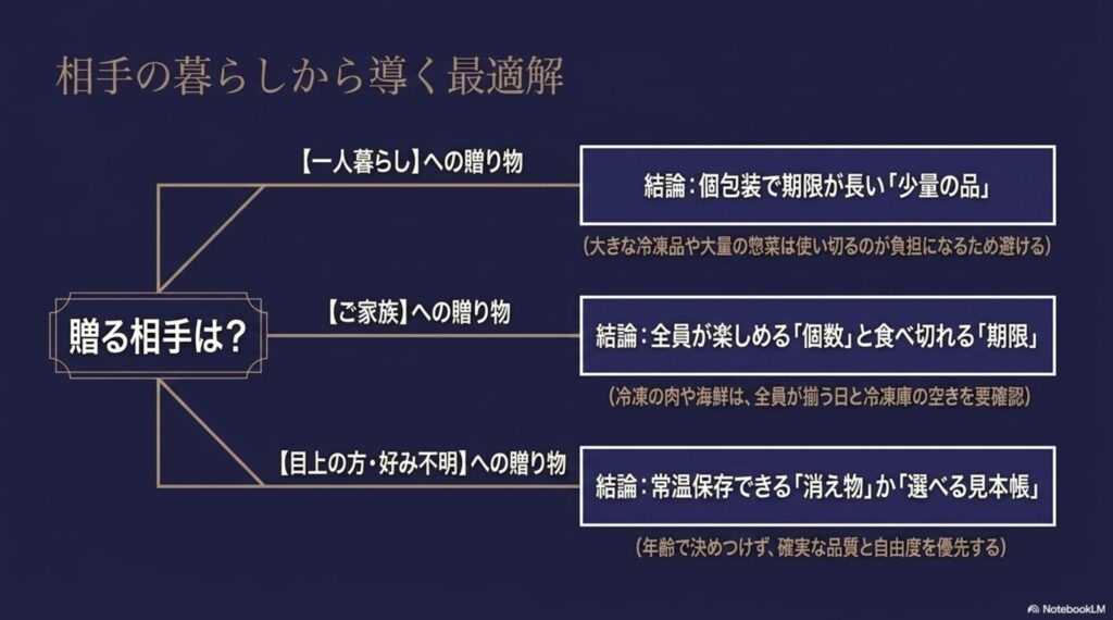 一人暮らしには個包装で期限の長い少量品、家族には人数と期限に合う品、目上の方や好みが不明な相手には常温の消え物やカタログを選ぶ考え方