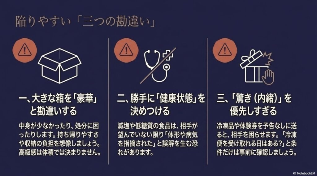 大きな箱を豪華と考える、相手の健康状態を勝手に決めつける、サプライズを優先しすぎるという五千円ギフトの失敗例