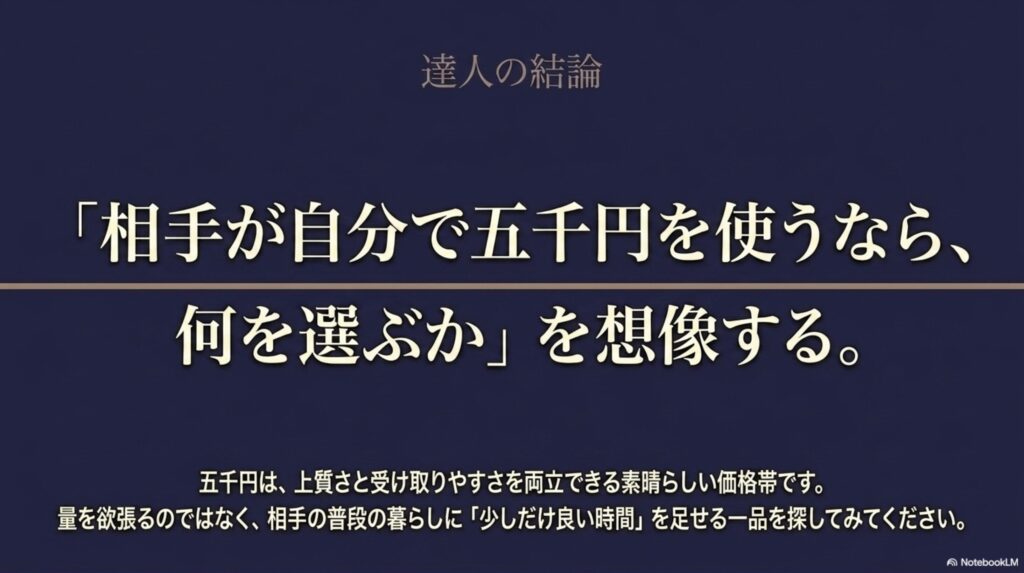 相手が自分で五千円を使うなら何を選ぶかを想像し、普段の暮らしに少し良い時間を加えられる品を選ぶという結論