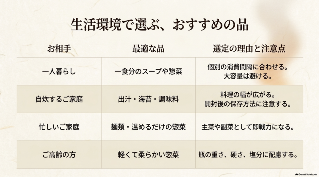 一人暮らし、自炊する家庭、忙しい家庭、高齢の方に合わせた甘くない贈答品の選び方