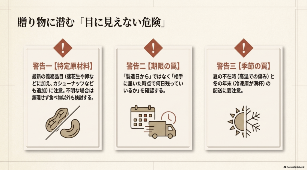 食べ物ギフトで見落としやすいアレルゲン表示、到着時の残り期限、夏冬の配送や保存環境の注意点