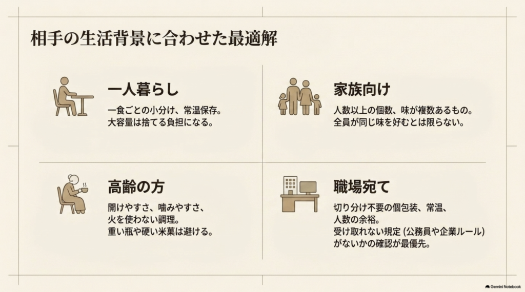 一人暮らし、家族、高齢の方、職場それぞれに適した食べ物ギフトの選び方と注意点