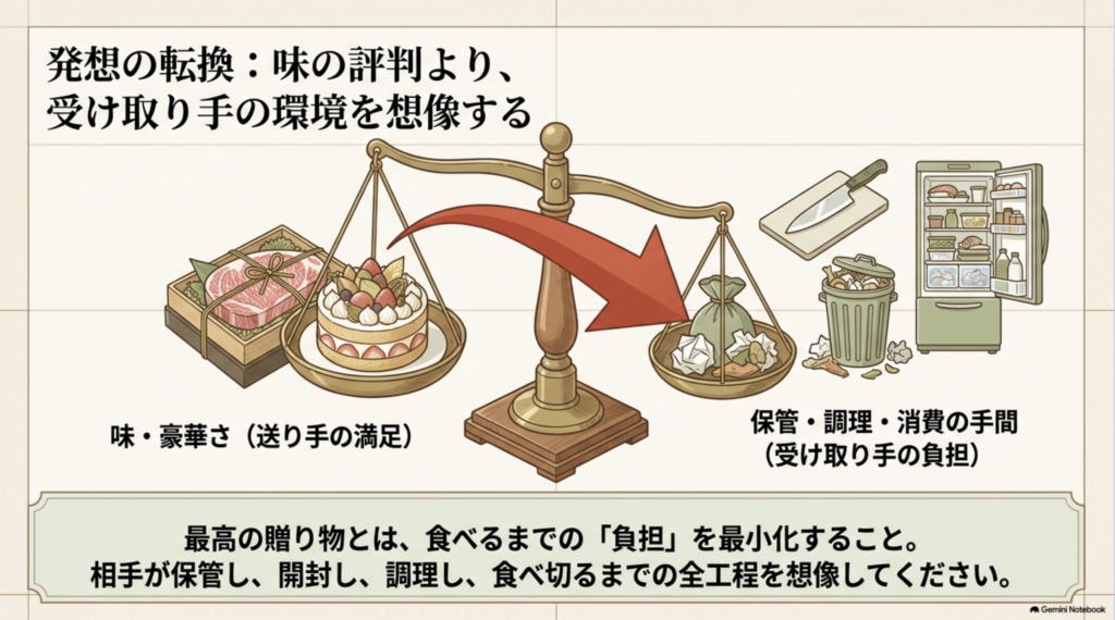 食べ物ギフトの味や豪華さだけでなく、保管・開封・調理・消費までの受取人の負担を考える重要性