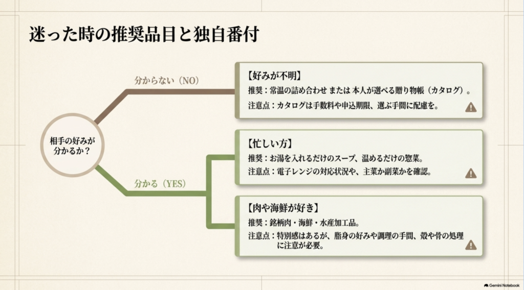 相手の好みが分からない場合、忙しい場合、肉や海鮮が好きな場合に適した食べ物ギフトを選ぶ判断フロー