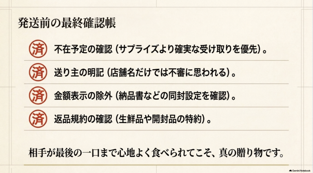 食べ物ギフト発送前に確認したい不在予定、送り主名、金額表示の除外、返品規約のチェック項目