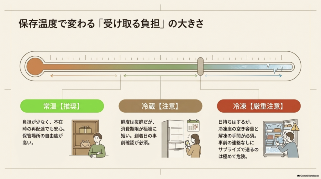 常温、冷蔵、冷凍の食べ物ギフトについて、保管場所や賞味期限、冷凍庫容量など受け取り時の負担を比較