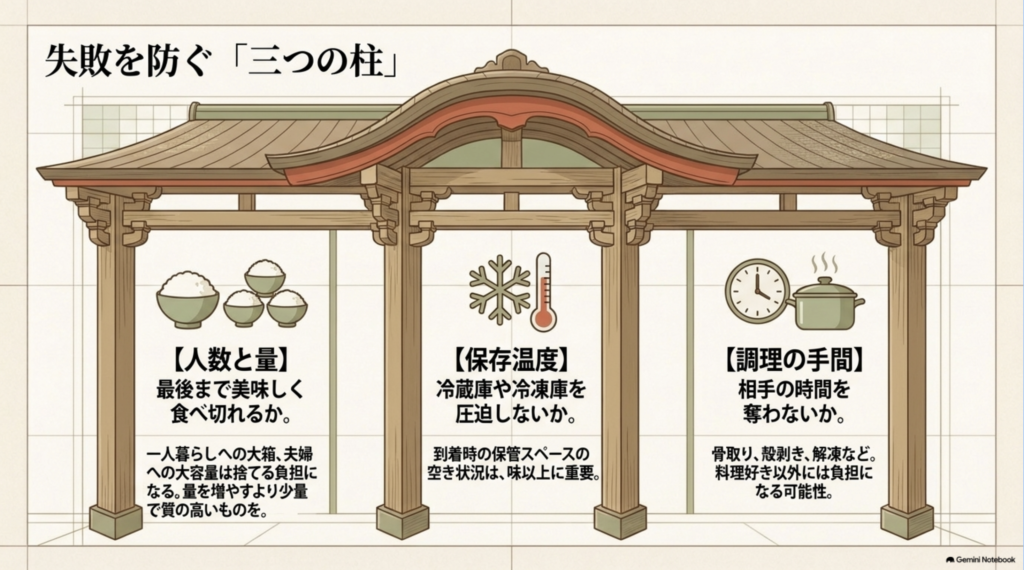 食べ物ギフト選びで確認したい人数と量、保存温度、調理の手間という三つのポイント