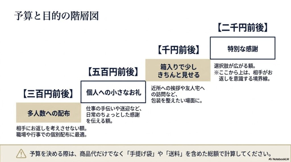 300円前後は多数への配布、500円前後は小さなお礼、1,000円前後は挨拶、2,000円前後は特別な感謝に向くことを示した予算別の階層図