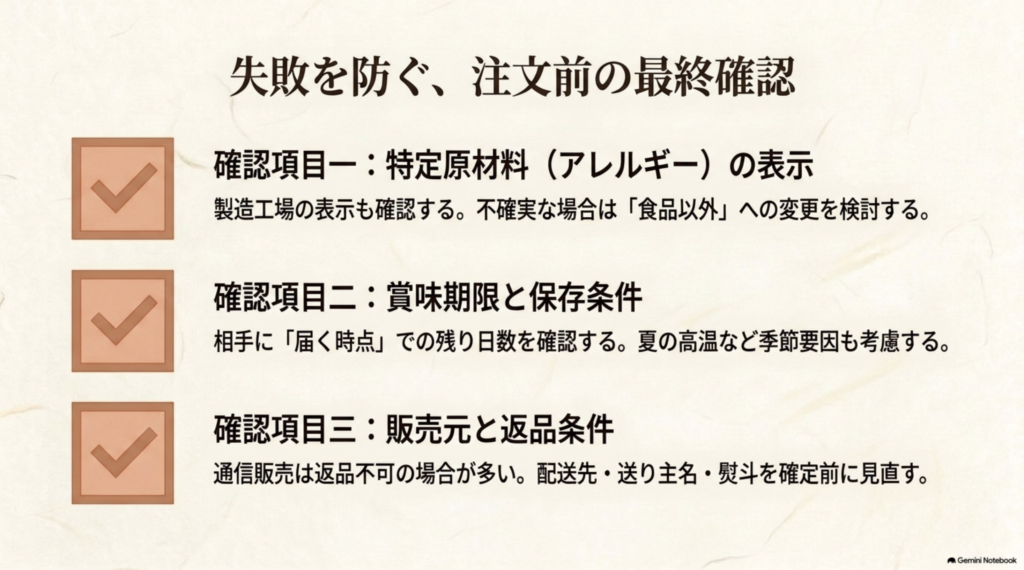 アレルギー表示、賞味期限と保存条件、販売元と返品条件を確認する贈答品の注文前チェックリスト
