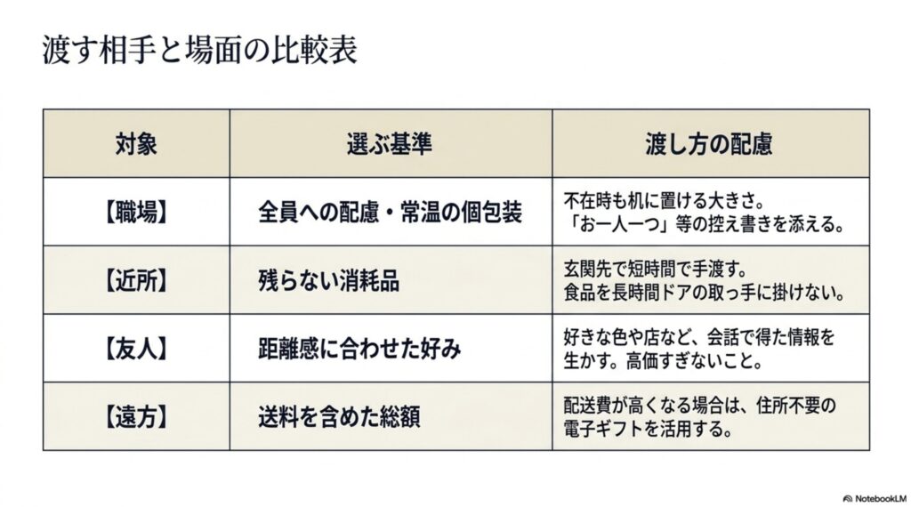 職場、近所、友人、遠方の相手に贈る低予算ギフトの選び方と渡し方の配慮を比較した表