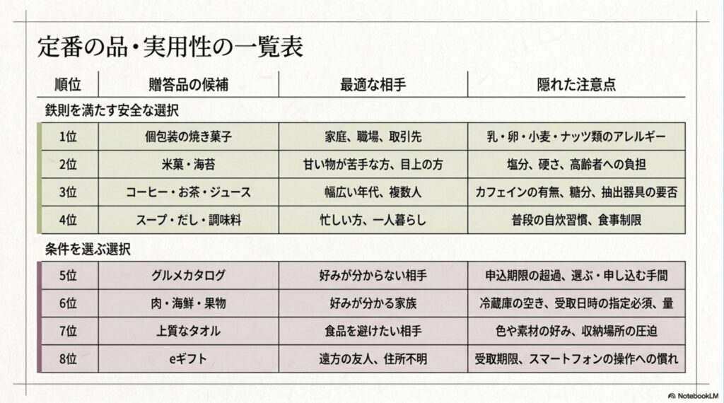 個包装の焼き菓子からeギフトまで贈答品8種類の順位、向いている相手、注意点をまとめた一覧
