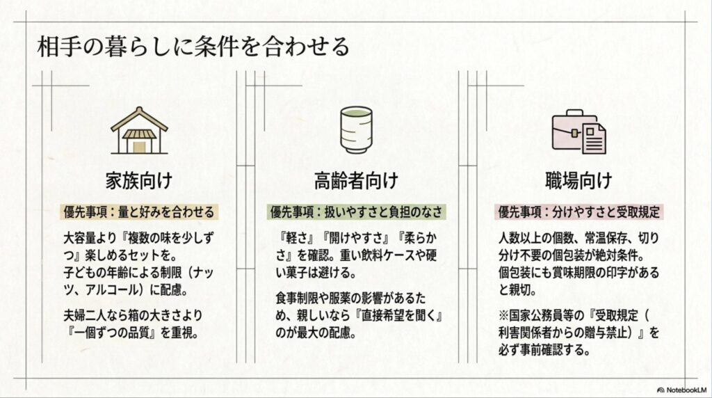 家族向けは量と好み、高齢者向けは扱いやすさ、職場向けは分けやすさと受取規定を重視する選び方