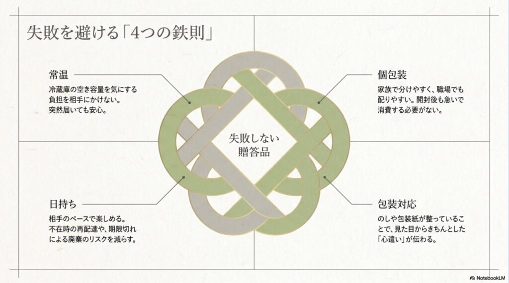 贈答品選びで失敗を避ける常温・個包装・日持ち・包装対応の4条件を示した図