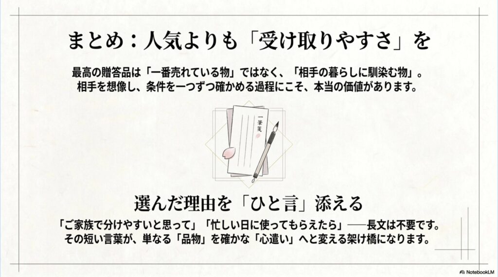 人気より相手の暮らしに合う受け取りやすさを優先し、選んだ理由を一言添える贈答品選びのまとめ