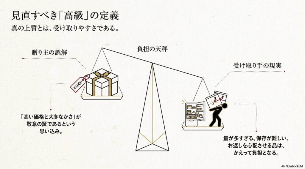 高価で大きな贈り物と受け取り手の負担を天秤で比較した高級贈答品の考え方