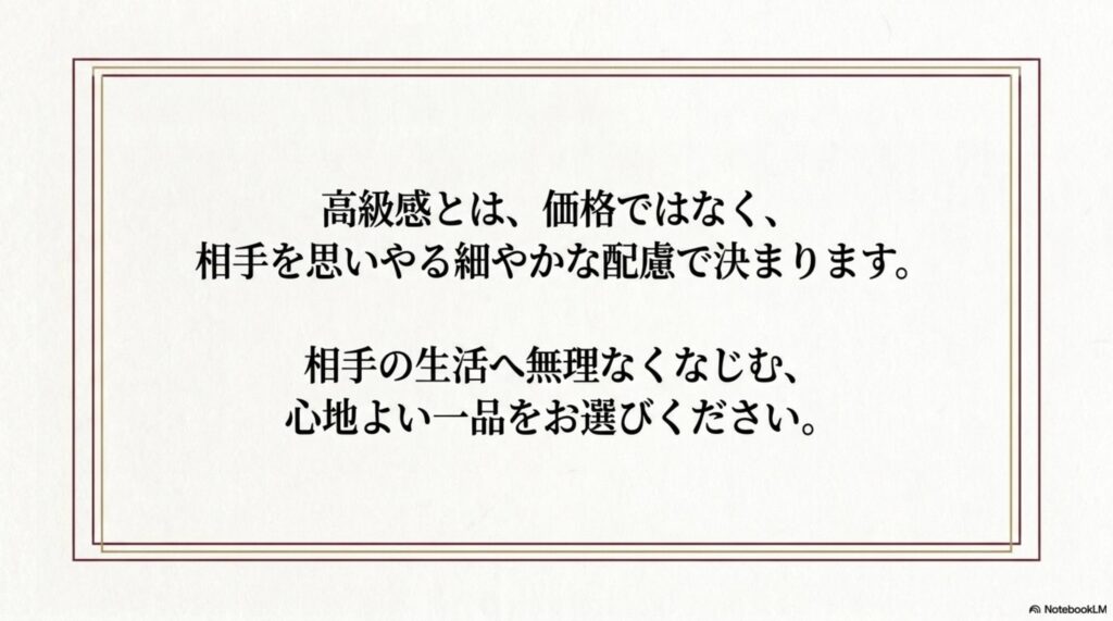 高級感は価格ではなく相手の生活を思いやる細やかな配慮で決まるというまとめ