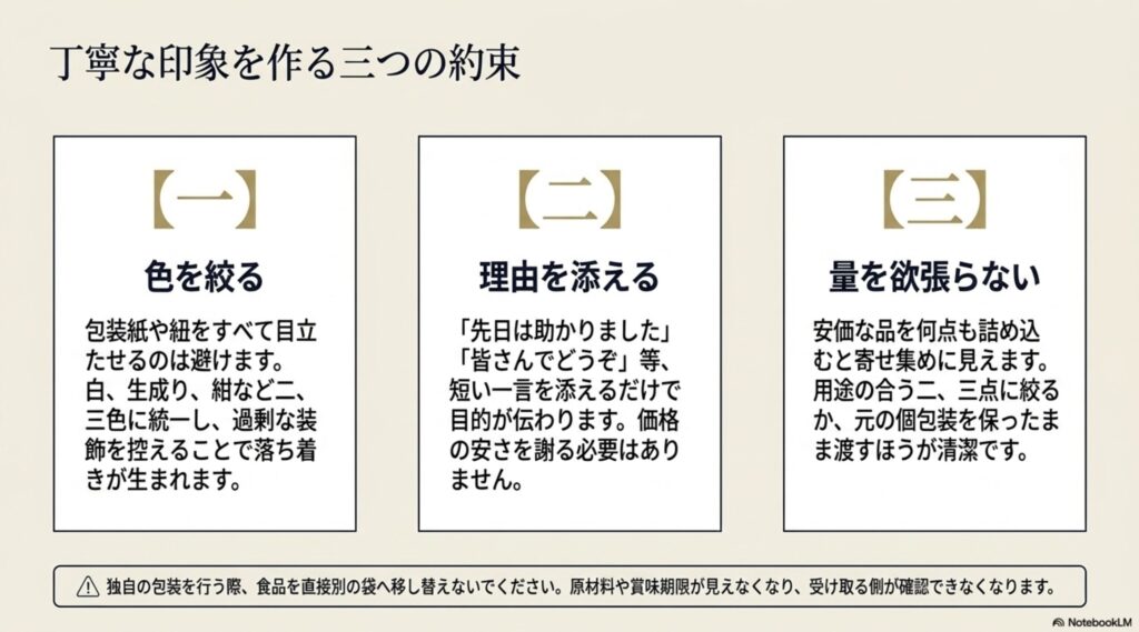 包装の色を絞る、贈る理由を添える、量を欲張らないという低予算ギフトを丁寧に見せる三つのポイント