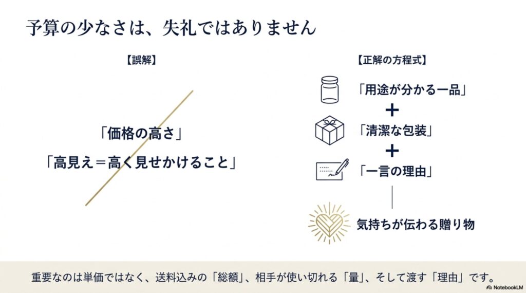 用途が分かる一品、清潔な包装、一言の理由を組み合わせて気持ちを伝える低予算ギフトの考え方