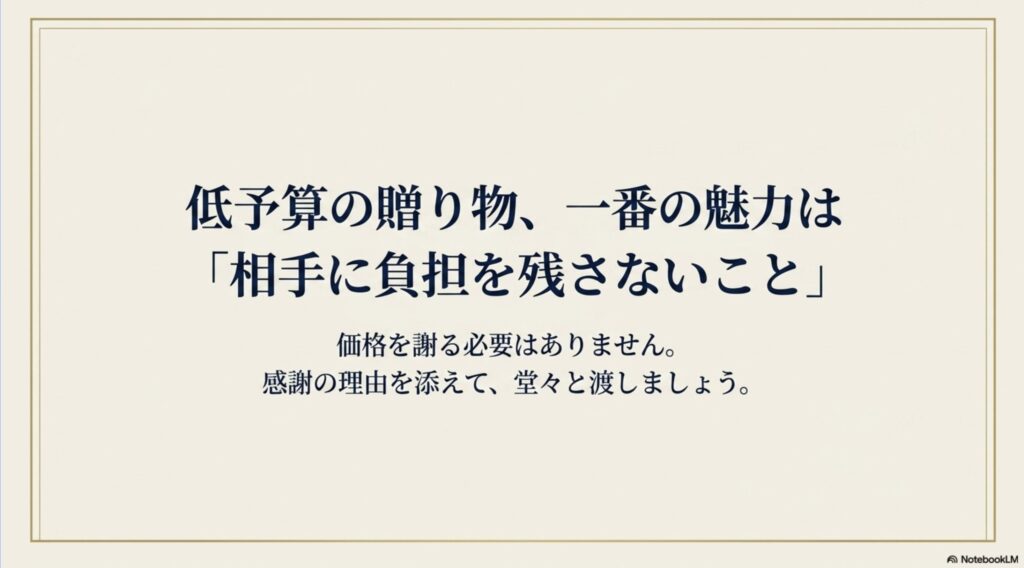 低予算の贈り物は価格を謝らず、感謝の理由を添えて相手に負担を残さないことが大切だと伝えるまとめ