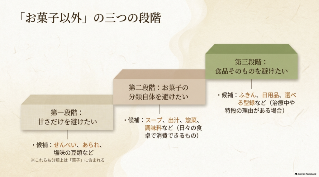 甘さだけを避ける、菓子そのものを避ける、食品自体を避けるという3段階のギフト選び