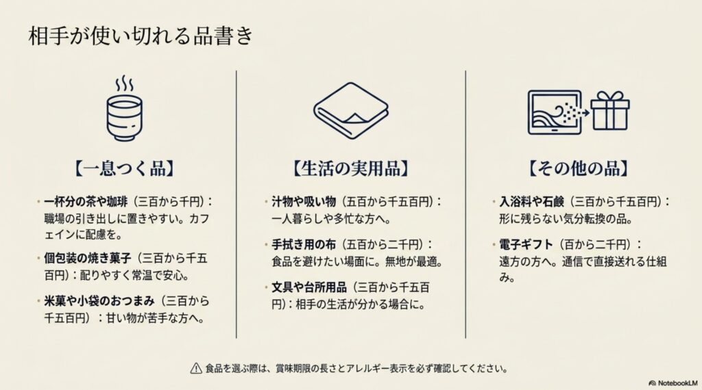 茶やコーヒー、個包装の焼き菓子、米菓、スープ、布製品、文具、入浴料、電子ギフトなど使い切りやすい低予算ギフトの一覧