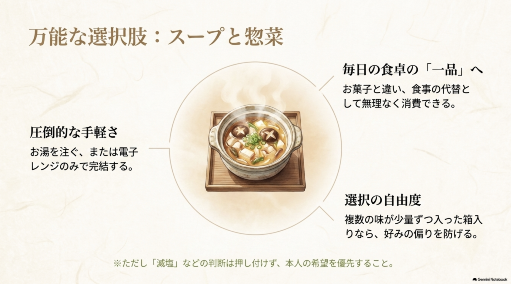 お湯や電子レンジで簡単に調理でき、毎日の食卓に取り入れやすいスープと惣菜のギフト