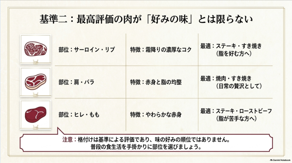サーロイン・肩やバラ・ヒレやももを脂と赤身の好みに合わせて選ぶ牛肉部位比較