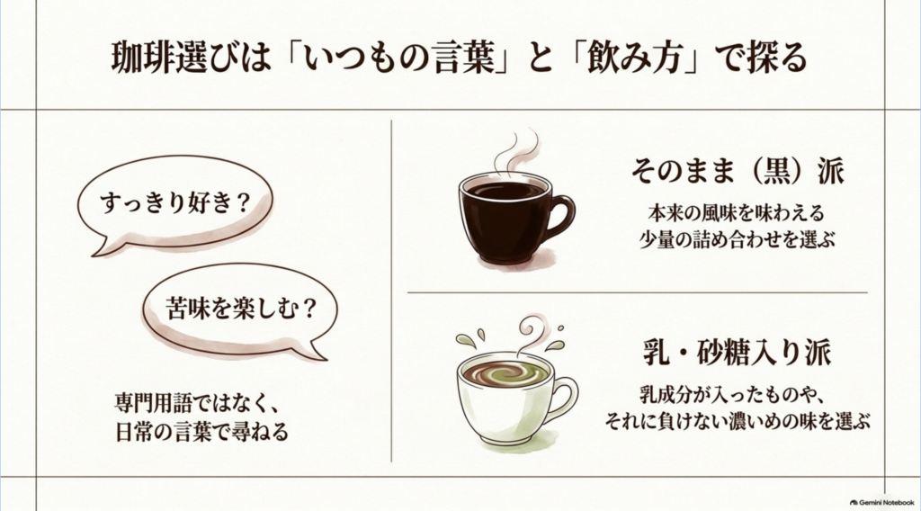 すっきりした味や苦味の好み、ブラック派かミルク・砂糖入り派かを確認してコーヒーを選ぶ方法