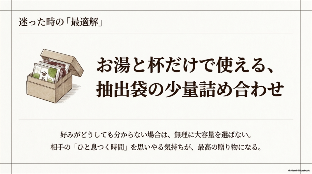 好みが分からない相手には、お湯とカップだけで使えるドリップバッグやティーバッグの少量詰め合わせを選ぶ方法