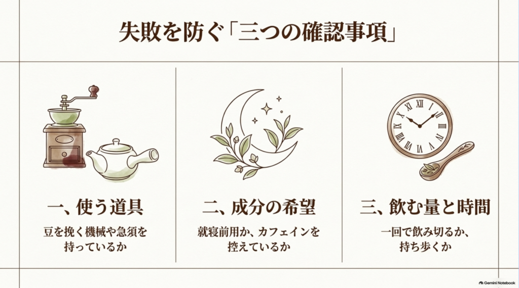 飲み物を贈る前に確認したい、使用する道具、カフェインなど成分の希望、飲む量と時間の3項目