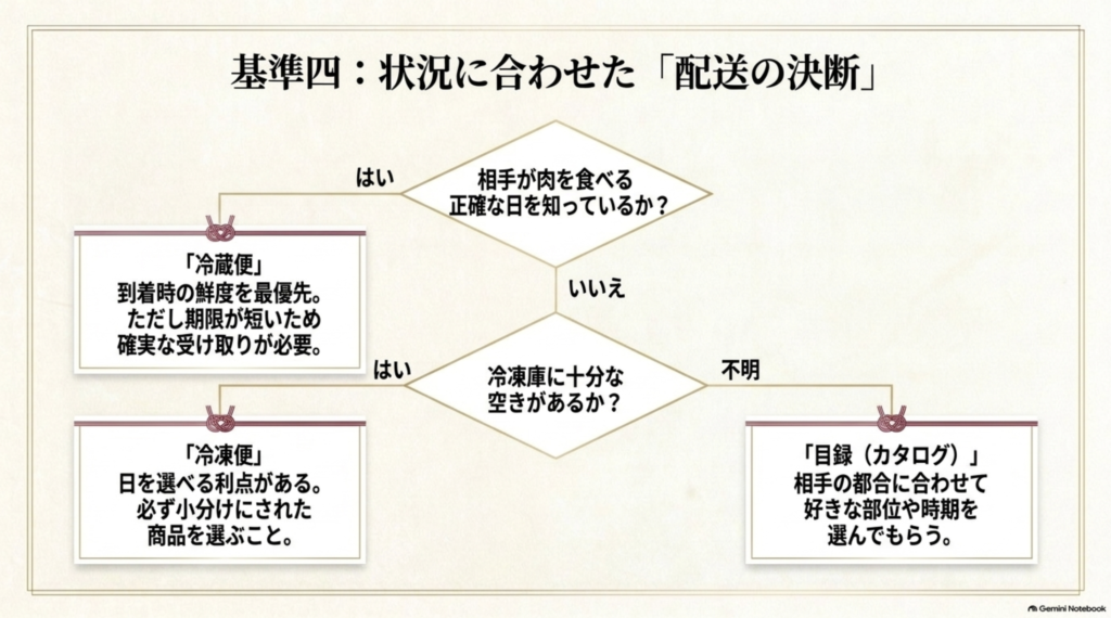 食べる日と冷凍庫の空きから冷蔵便・冷凍便・肉カタログを選ぶ判断フロー