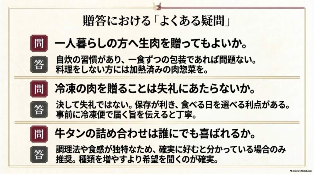 一人暮らしへの生肉、冷凍肉の贈答、牛タンの詰め合わせに関するよくある疑問と回答