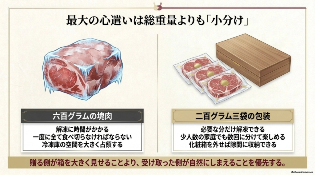 600グラムの塊肉と200グラム3袋の小分け肉を比較した保存と使いやすさの違い