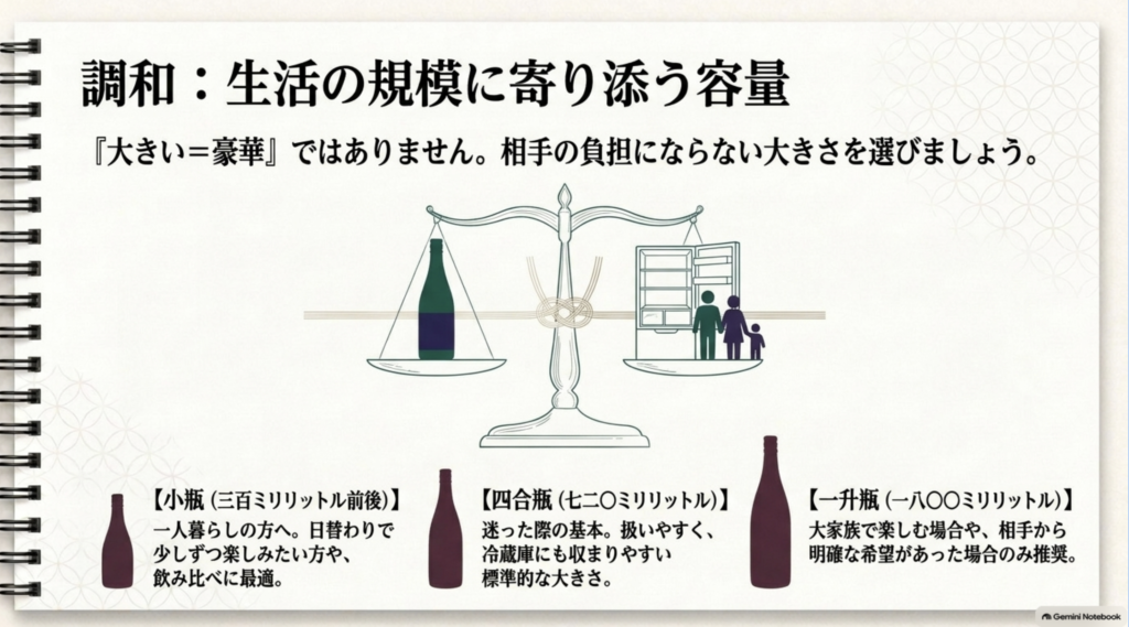 小瓶約300ml、四合瓶720ml、一升瓶1800mlを飲む人数や生活に合わせて選ぶ考え方