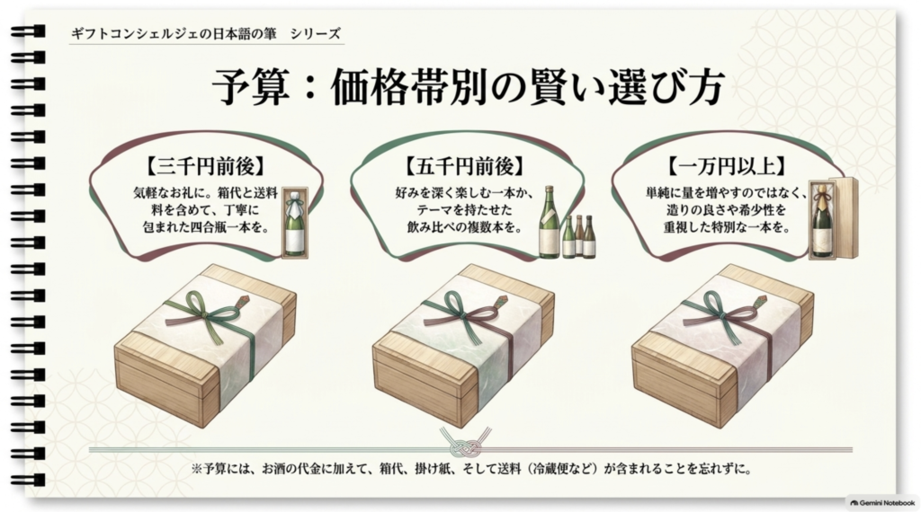 三千円前後、五千円前後、一万円以上の予算別に日本酒ギフトの選び方をまとめた図