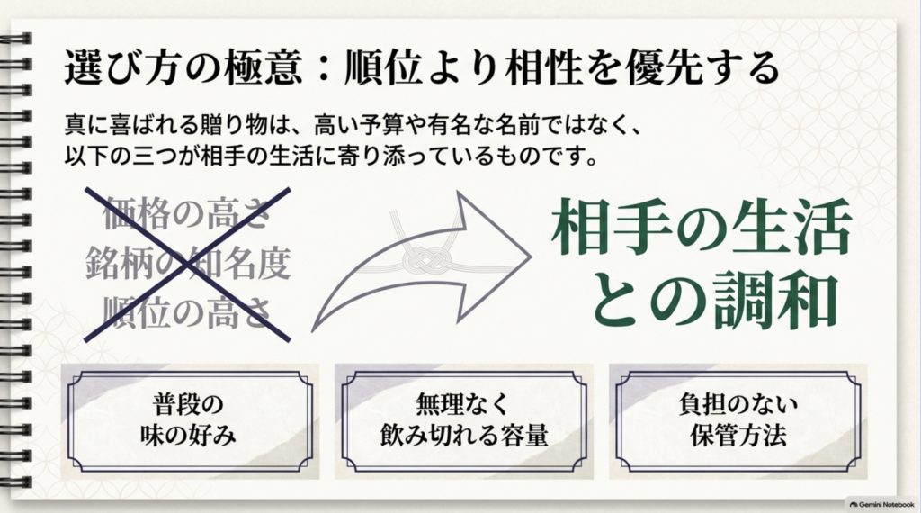 価格や知名度、順位より普段の味の好み、飲み切れる容量、保管方法を優先する日本酒ギフトの選び方