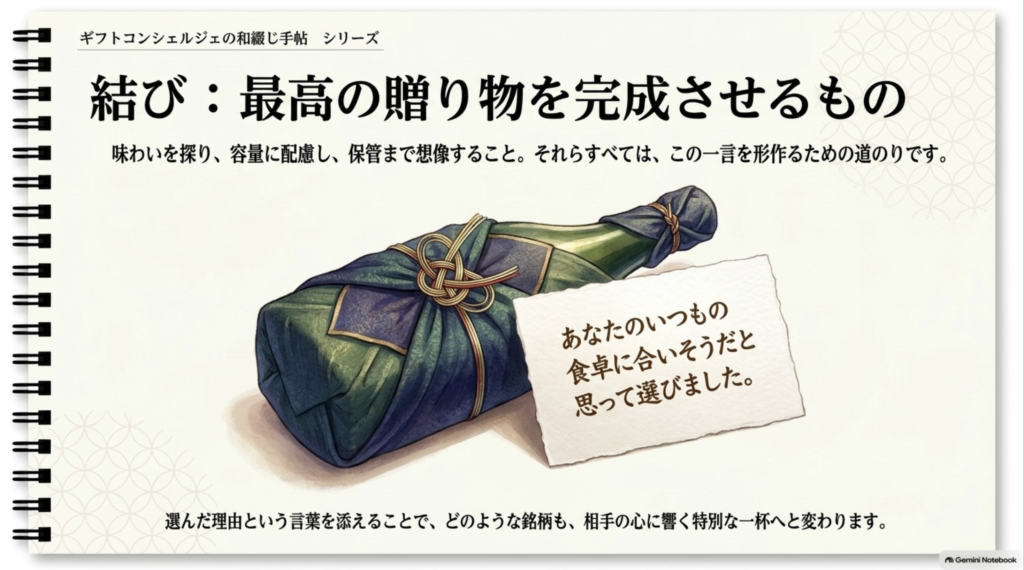包装された日本酒とメッセージを通して相手の食卓や好みに合う一本を選ぶ大切さを伝えるまとめ画像