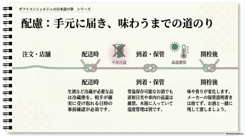 日本酒ギフトを注文してから配送、到着後の保管、開栓後までの注意点を示した図