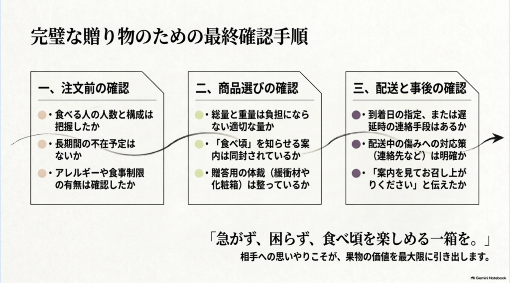 高級フルーツギフトの注文前・商品選び・配送後に確認したい項目をまとめたチェックリスト