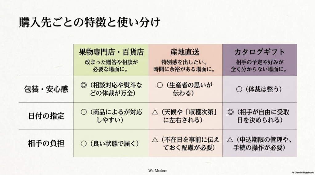 果物専門店・百貨店・産地直送・カタログギフトの特徴と使い分けを比較した表