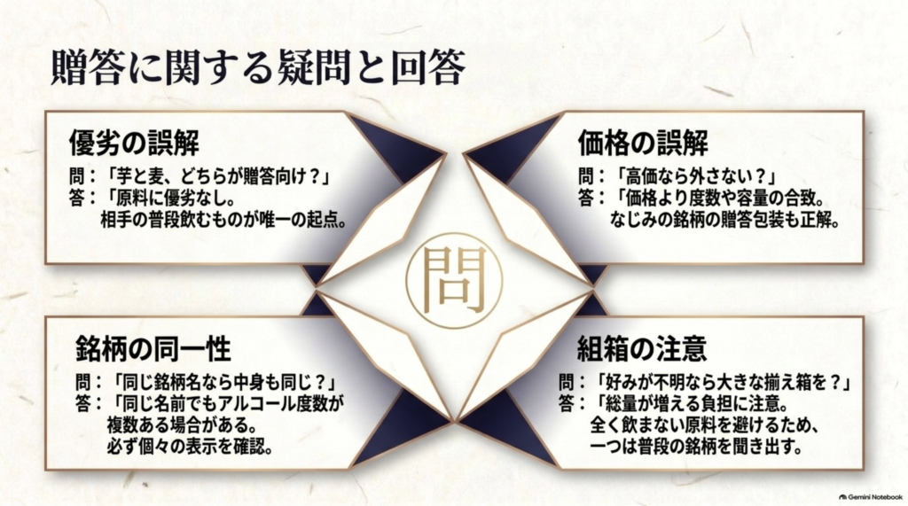 芋と麦の違い、価格、銘柄、組み合わせについての焼酎ギフトFAQ