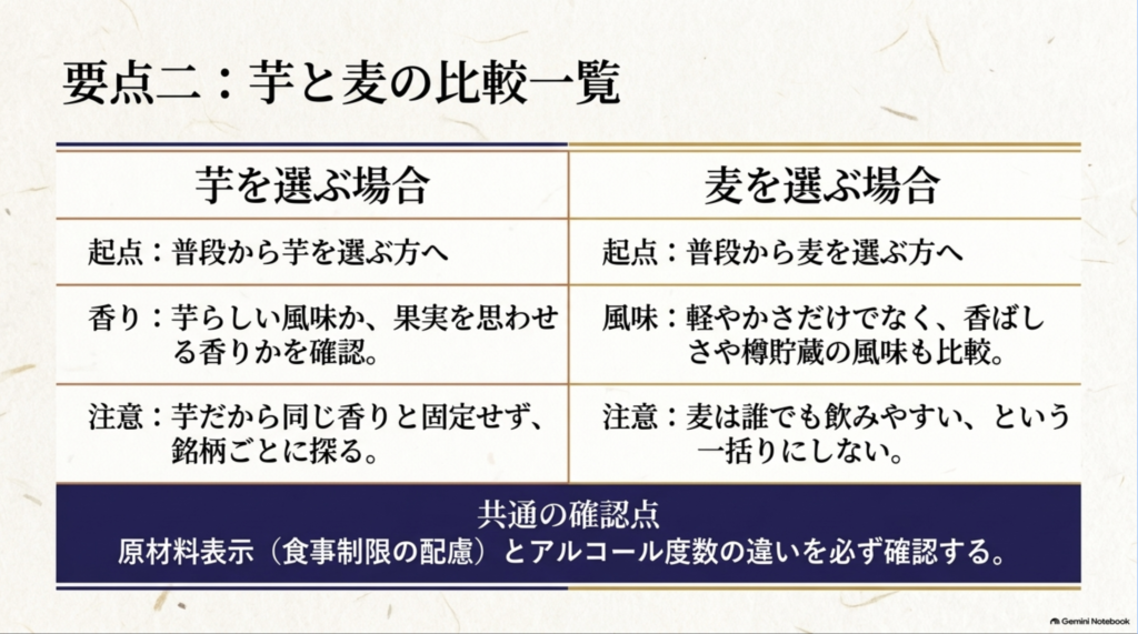贈答用の芋焼酎と麦焼酎を香りや選び方、確認点で比較した一覧