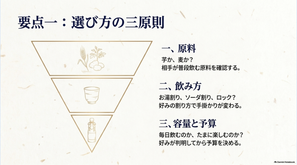 焼酎ギフトを原料・飲み方・容量と予算の三つから選ぶ方法
