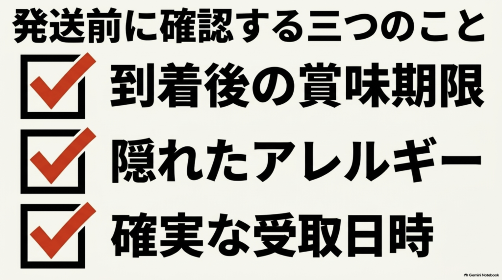 食品ギフトの発送前に到着後の賞味期限、アレルギー、確実な受取日時を確認するチェックリスト